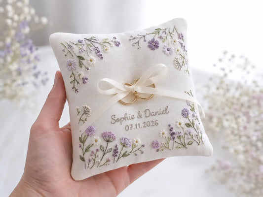Personalized Lilac Wildflower Ring Bearer Pillow – Hand Embroidered Wedding Ring Cushion with Lavender & White Floral Border, Custom Names