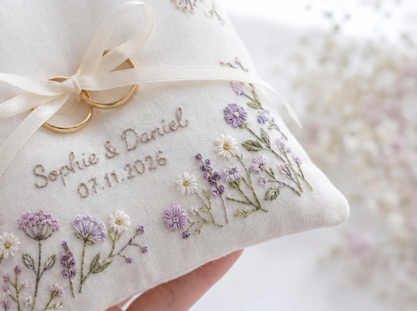 Personalized Lilac Wildflower Ring Bearer Pillow – Hand Embroidered Wedding Ring Cushion with Lavender & White Floral Border, Custom Names