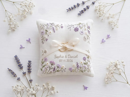 Personalized Lilac Wildflower Ring Bearer Pillow – Hand Embroidered Wedding Ring Cushion with Lavender & White Floral Border, Custom Names