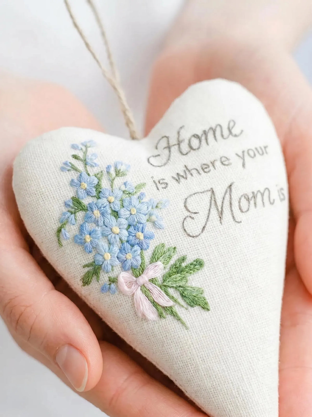 Personalized Embroidered Heart Keepsake, Handmade Mom Gift Ornament, Custom Home Quote Lavender Floral Decor, Mother's Day Wedding Favor
