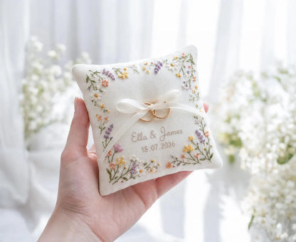 Wildflower Personalized Ring Bearer Pillow, Custom Linen Wedding Cushion, Hand Embroidery Ring Holder, Floral Ring Pillow, Wedding Gift