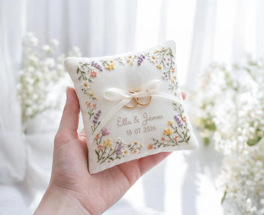 Wildflower Personalized Ring Bearer Pillow, Custom Linen Wedding Cushion, Hand Embroidery Ring Holder, Floral Ring Pillow, Wedding Gift