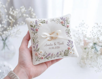 Wildflower Personalized Ring Bearer Pillow, Custom Linen Wedding Cushion, Hand Embroidery Ring Holder, Floral Ring Pillow, Wedding Gift