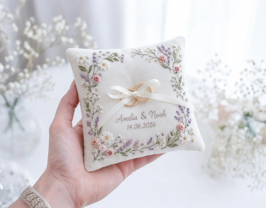 Wildflower Personalized Ring Bearer Pillow, Custom Linen Wedding Cushion, Hand Embroidery Ring Holder, Floral Ring Pillow, Wedding Gift