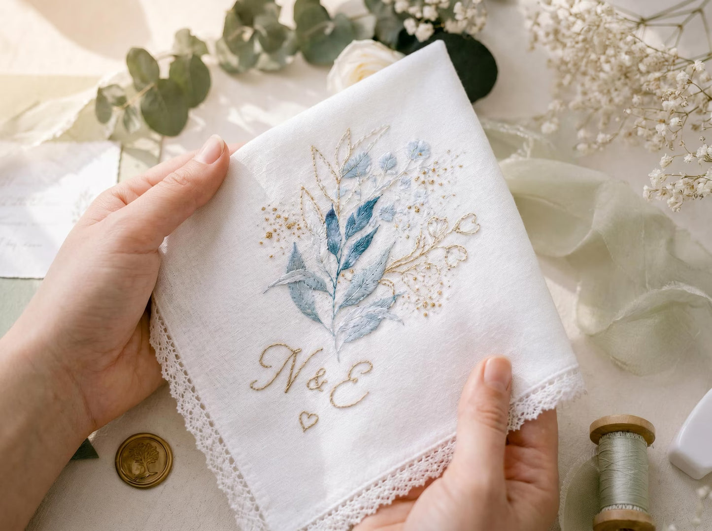 Embroidered Celestial Floral Wedding Handkerchief – Custom Floral Hankie for Bride, Bridal Gift, Personalized with Name & Date, Gift for Bride