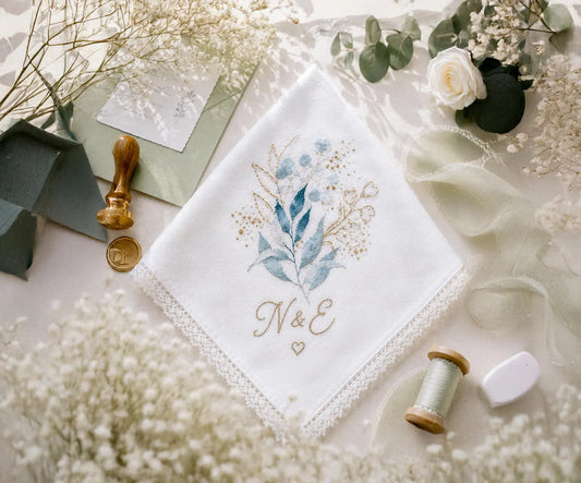Embroidered Celestial Floral Wedding Handkerchief – Custom Floral Hankie for Bride, Bridal Gift, Personalized with Name & Date, Gift for Bride