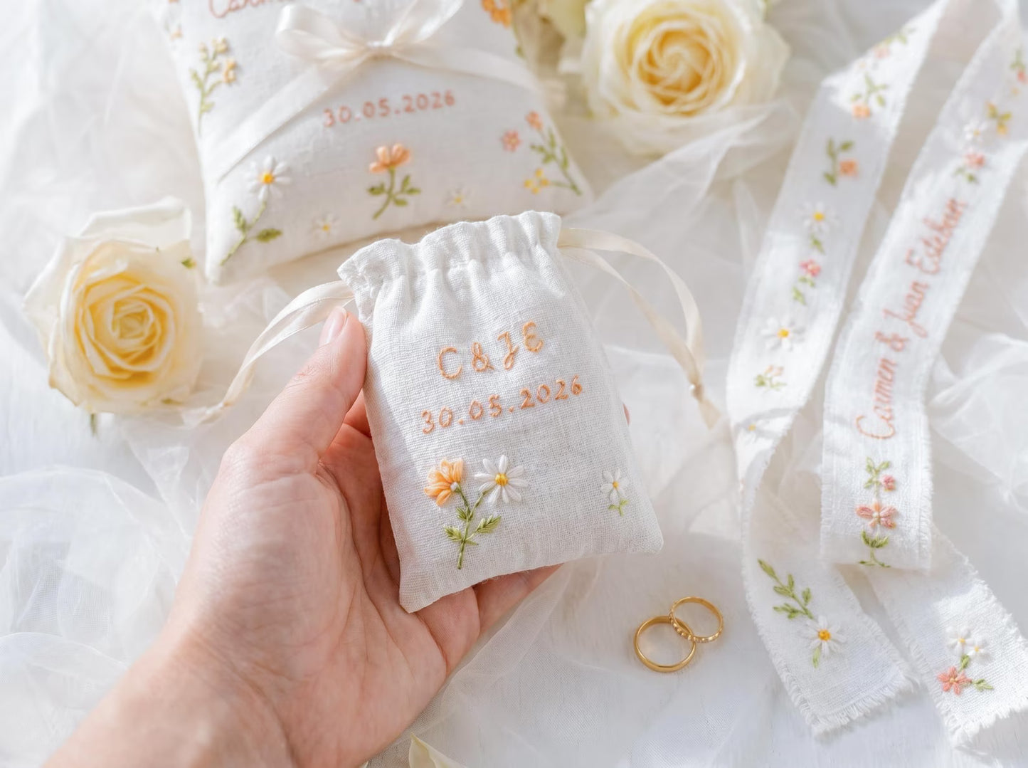 Personalized Embroidered Wedding Gift Set, Custom Ring Pillow Bouquet Ribbon and Ring Pouch, Handmade Floral Bridal Keepsake Gift Set Brides