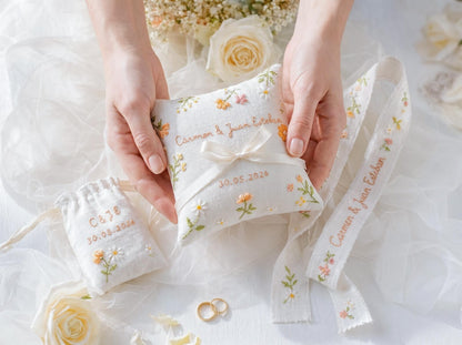 Personalized Embroidered Wedding Gift Set, Custom Ring Pillow Bouquet Ribbon and Ring Pouch, Handmade Floral Bridal Keepsake Gift Set Brides
