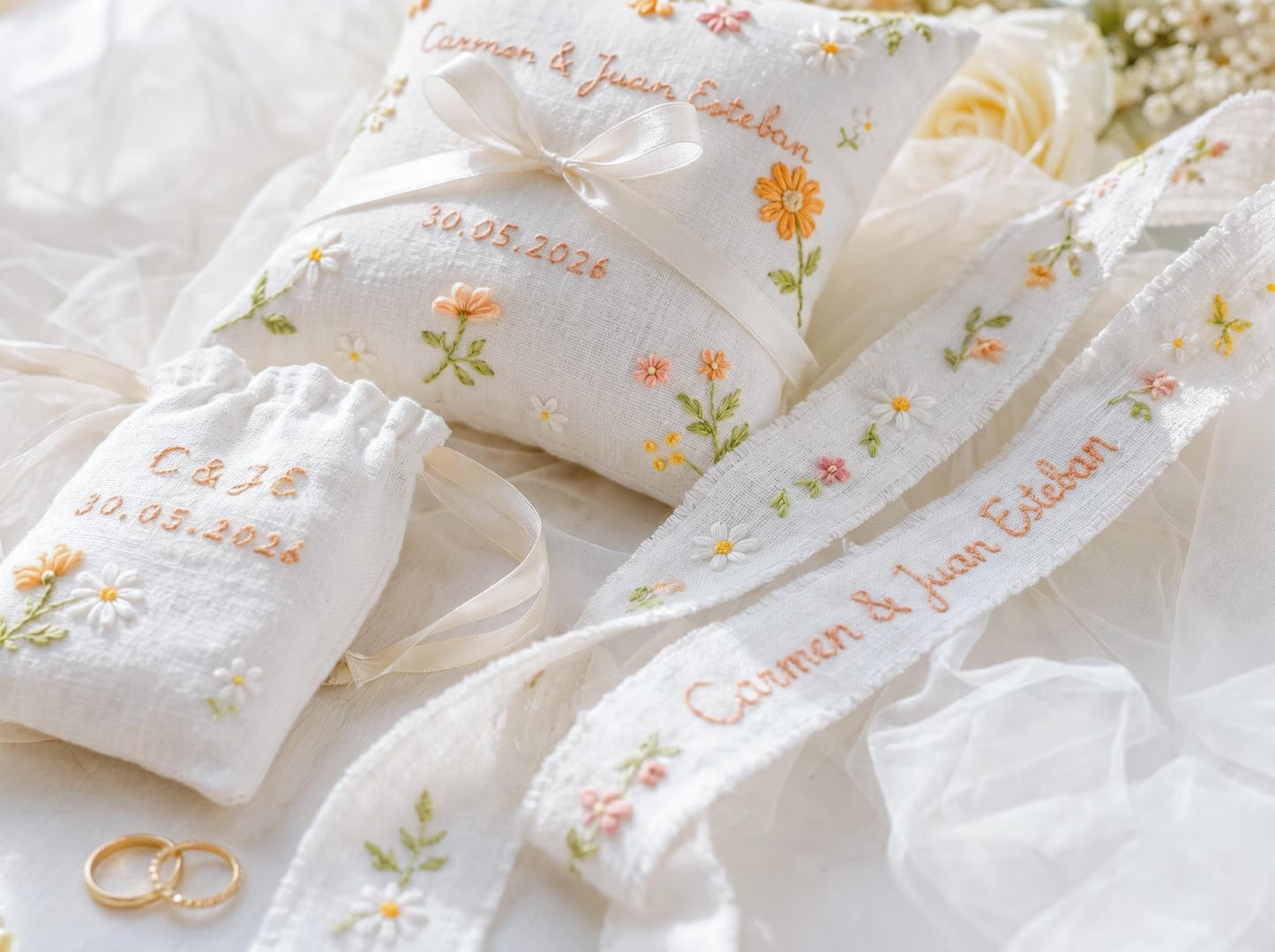 Personalized Embroidered Wedding Gift Set, Custom Ring Pillow Bouquet Ribbon and Ring Pouch, Handmade Floral Bridal Keepsake Gift Set Brides