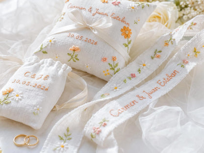 Personalized Embroidered Wedding Gift Set, Custom Ring Pillow Bouquet Ribbon and Ring Pouch, Handmade Floral Bridal Keepsake Gift Set Brides