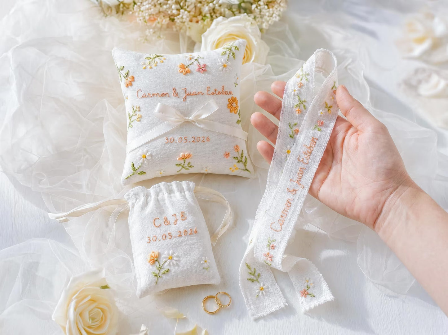 Personalized Embroidered Wedding Gift Set, Custom Ring Pillow Bouquet Ribbon and Ring Pouch, Handmade Floral Bridal Keepsake Gift Set Brides