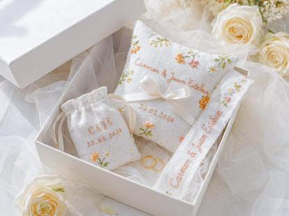 Personalized Embroidered Wedding Gift Set, Custom Ring Pillow Bouquet Ribbon and Ring Pouch, Handmade Floral Bridal Keepsake Gift Set Brides