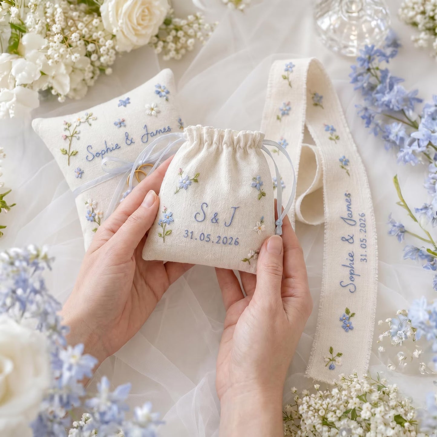 Personalized Embroidered Wedding Gift Set, Blue Floral Ring Pillow Bouquet Ribbon and Ring Pouch, Handmade Bridal Keepsake Gift