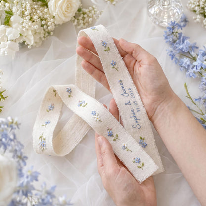 Personalized Embroidered Wedding Gift Set, Blue Floral Ring Pillow Bouquet Ribbon and Ring Pouch, Handmade Bridal Keepsake Gift