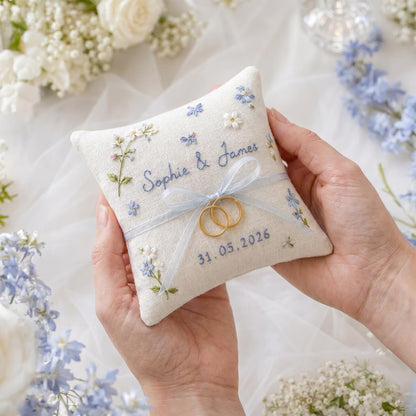 Personalized Embroidered Wedding Gift Set, Blue Floral Ring Pillow Bouquet Ribbon and Ring Pouch, Handmade Bridal Keepsake Gift