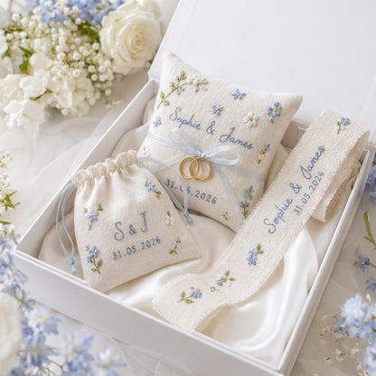 Personalized Embroidered Wedding Gift Set, Blue Floral Ring Pillow Bouquet Ribbon and Ring Pouch, Handmade Bridal Keepsake Gift