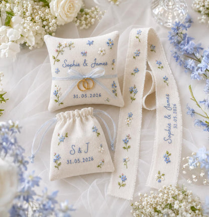 Personalized Embroidered Wedding Gift Set, Blue Floral Ring Pillow Bouquet Ribbon and Ring Pouch, Handmade Bridal Keepsake Gift