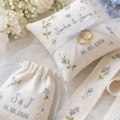 Personalized Embroidered Wedding Gift Set, Blue Floral Ring Pillow Bouquet Ribbon and Ring Pouch, Handmade Bridal Keepsake Gift