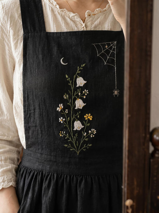 Black Embroidered Linen Apron, Handmade Gothic Cottagecore Pinafore Apron, Floral Spider Web Halloween Kitchen Gift for Baker Gardener Gifts