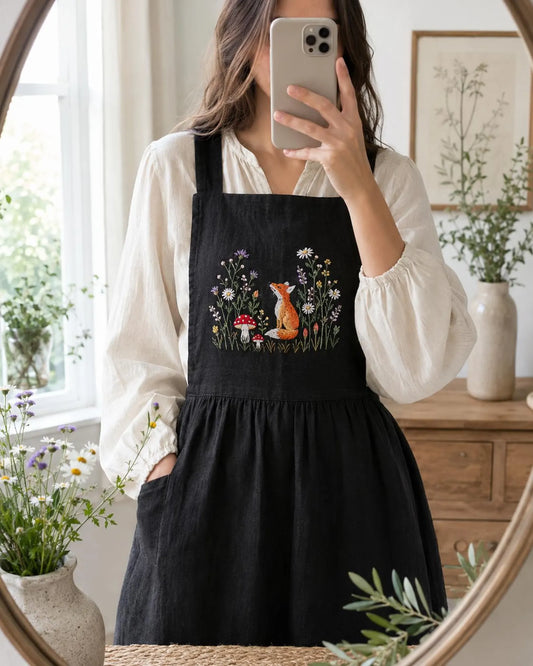 Personalized Fox Linen Apron, Hand Embroidered Woodland Animal Apron with Name, Cottagecore Autumn Apron, Custom Gift for Her