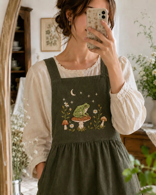 Hand Embroidered Linen Apron, Olive Green Cottagecore Apron, Frog Mushroom Wildflower Apron, Handmade Garden Apron Gift