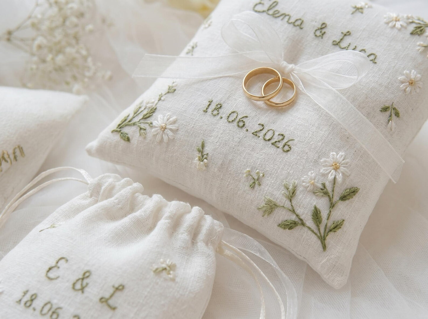 Personalized Embroidered Wedding Gift Set, Custom Ring Pillow Bouquet Ribbon and Ring Pouch, Handmade White Floral Bridal Keepsake Gift Boxs