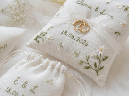 Personalized Embroidered Wedding Gift Set, Custom Ring Pillow Bouquet Ribbon and Ring Pouch, Handmade White Floral Bridal Keepsake Gift Boxs