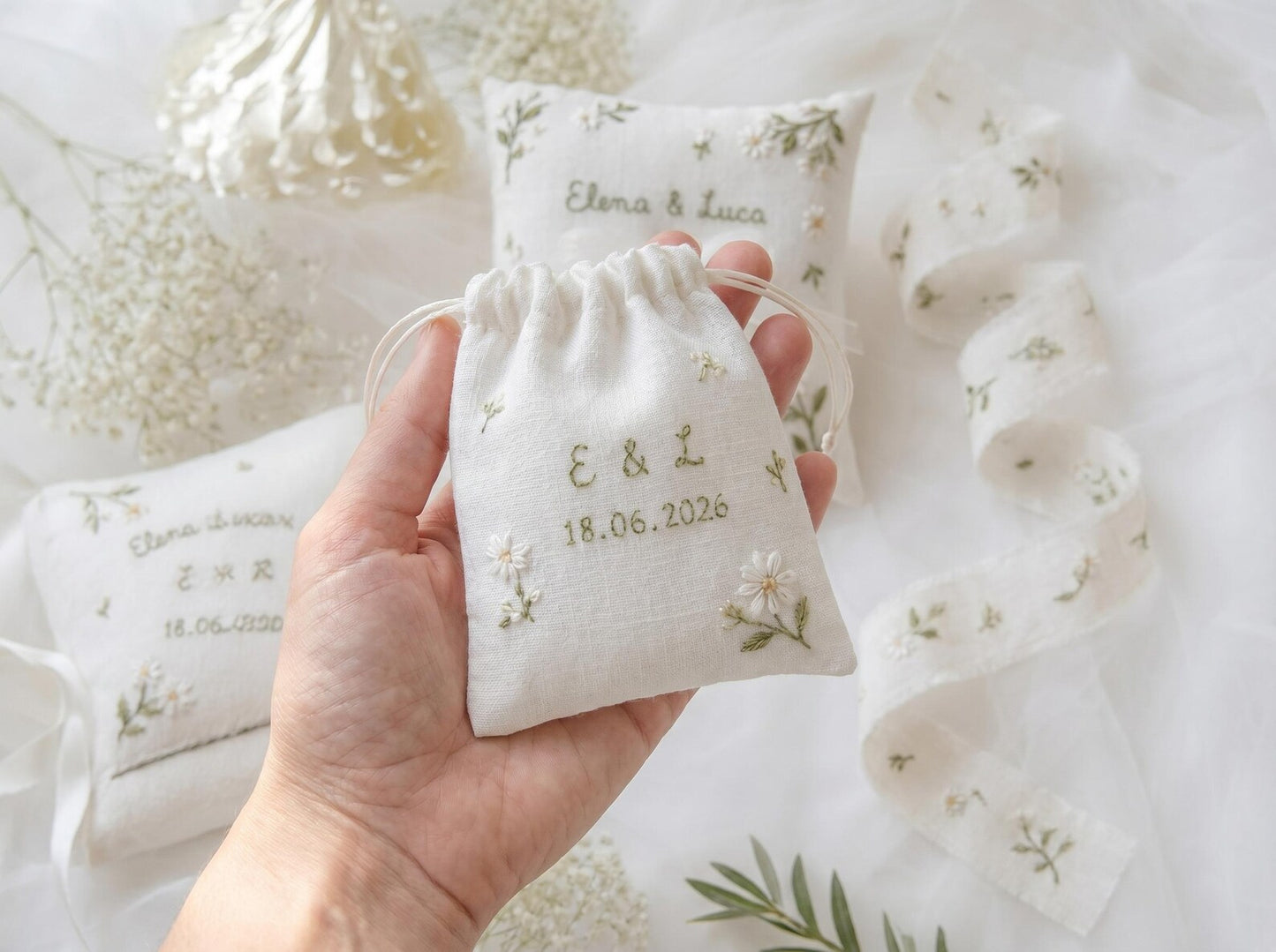 Personalized Embroidered Wedding Gift Set, Custom Ring Pillow Bouquet Ribbon and Ring Pouch, Handmade White Floral Bridal Keepsake Gift Boxs