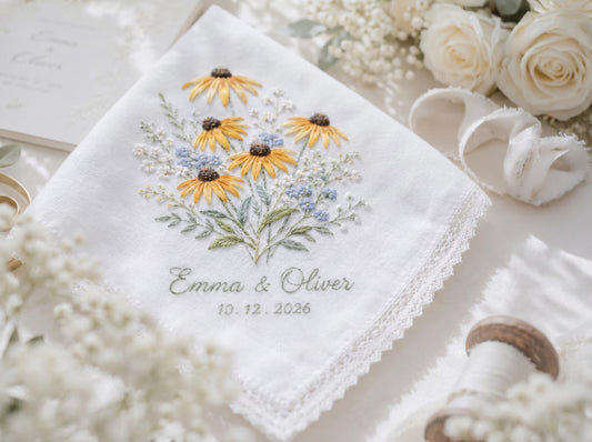 Personalized Embroidered Wedding Handkerchief, Custom Sunflower Floral Hanky, Handmade Bridal Keepsake Gift for Bride Groom Mom, Custom Date