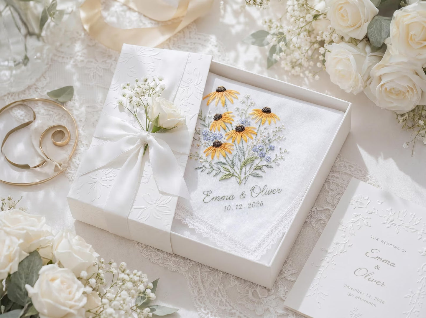 Personalized Embroidered Wedding Handkerchief, Custom Sunflower Floral Hanky, Handmade Bridal Keepsake Gift for Bride Groom Mom, Custom Date