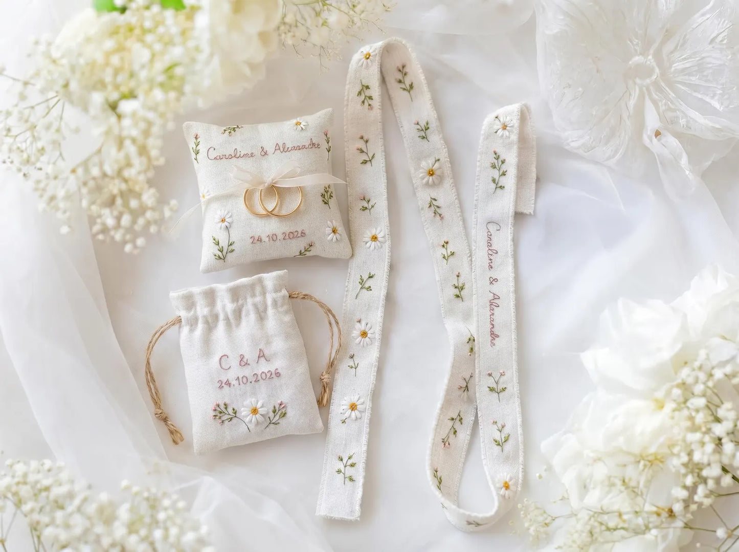 Personalized Wedding Ring Pillow Set, Embroidered Linen Handmade Ring Bearer Pillow, Custom Handfasting Ribbon, Handmade Bridal Pouch Gift