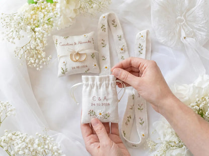 Personalized Wedding Ring Pillow Set, Embroidered Linen Handmade Ring Bearer Pillow, Custom Handfasting Ribbon, Handmade Bridal Pouch Gift