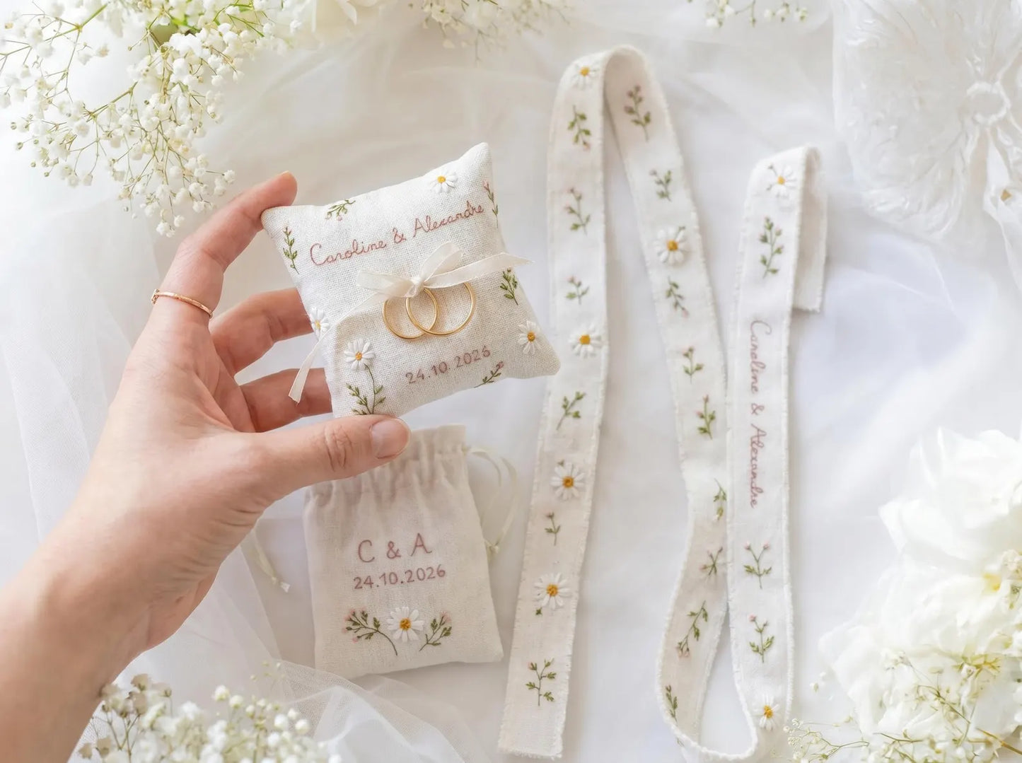 Personalized Wedding Ring Pillow Set, Embroidered Linen Handmade Ring Bearer Pillow, Custom Handfasting Ribbon, Handmade Bridal Pouch Gift
