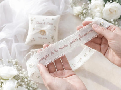 Personalized Wedding Ring Pillow Set, Embroidered Linen Handmade Ring Bearer Pillow, Custom Handfasting Ribbon, Handmade Bridal Pouch Gift