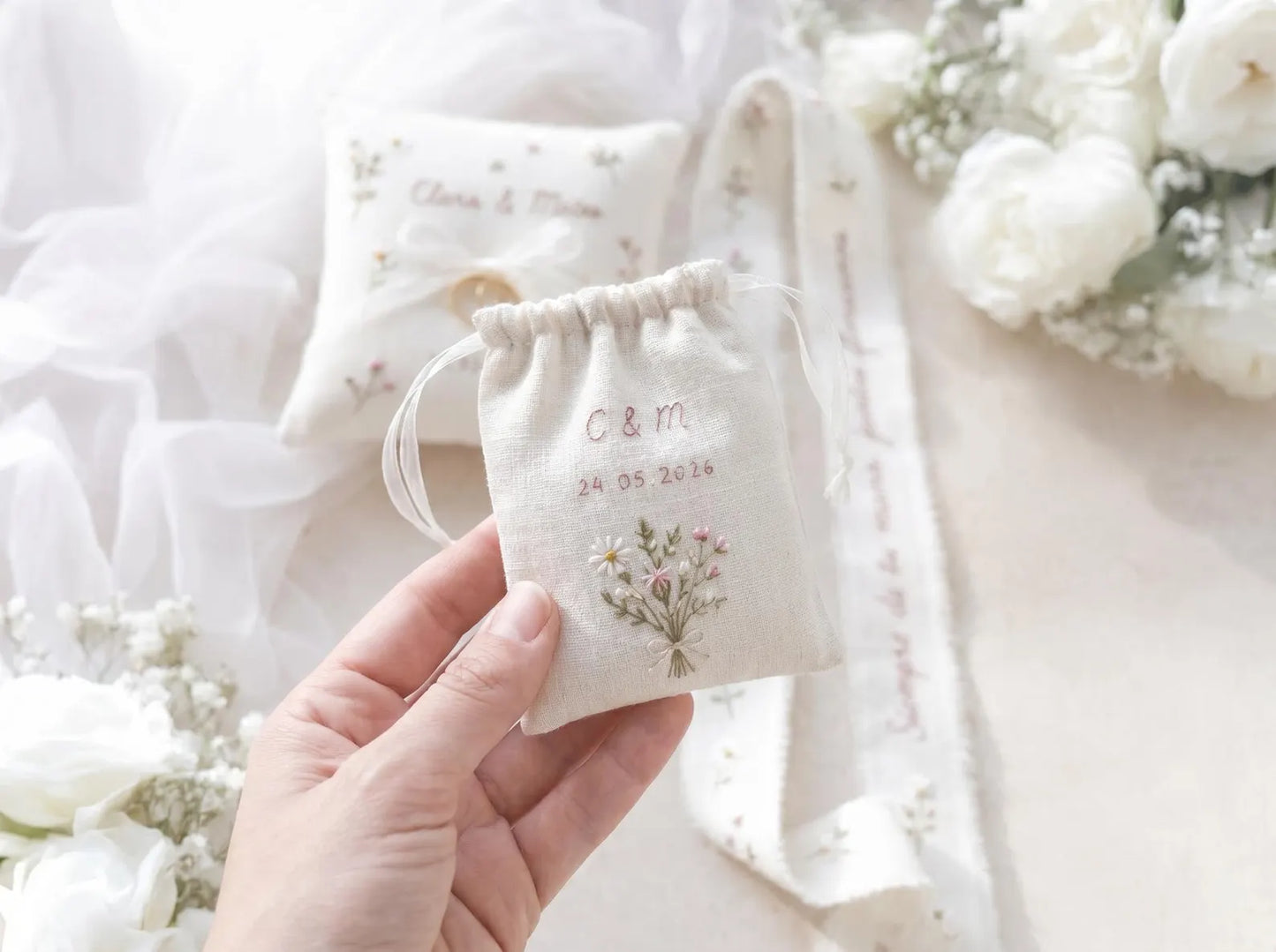 Personalized Wedding Ring Pillow Set, Embroidered Linen Handmade Ring Bearer Pillow, Custom Handfasting Ribbon, Handmade Bridal Pouch Gift