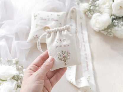 Personalized Wedding Ring Pillow Set, Embroidered Linen Handmade Ring Bearer Pillow, Custom Handfasting Ribbon, Handmade Bridal Pouch Gift