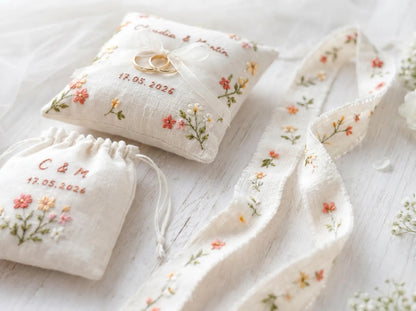 Personalized Wedding Ring Pillow Set, Embroidered Linen Handmade Ring Bearer Pillow, Custom Handfasting Ribbon, Handmade Bridal Pouch Gift