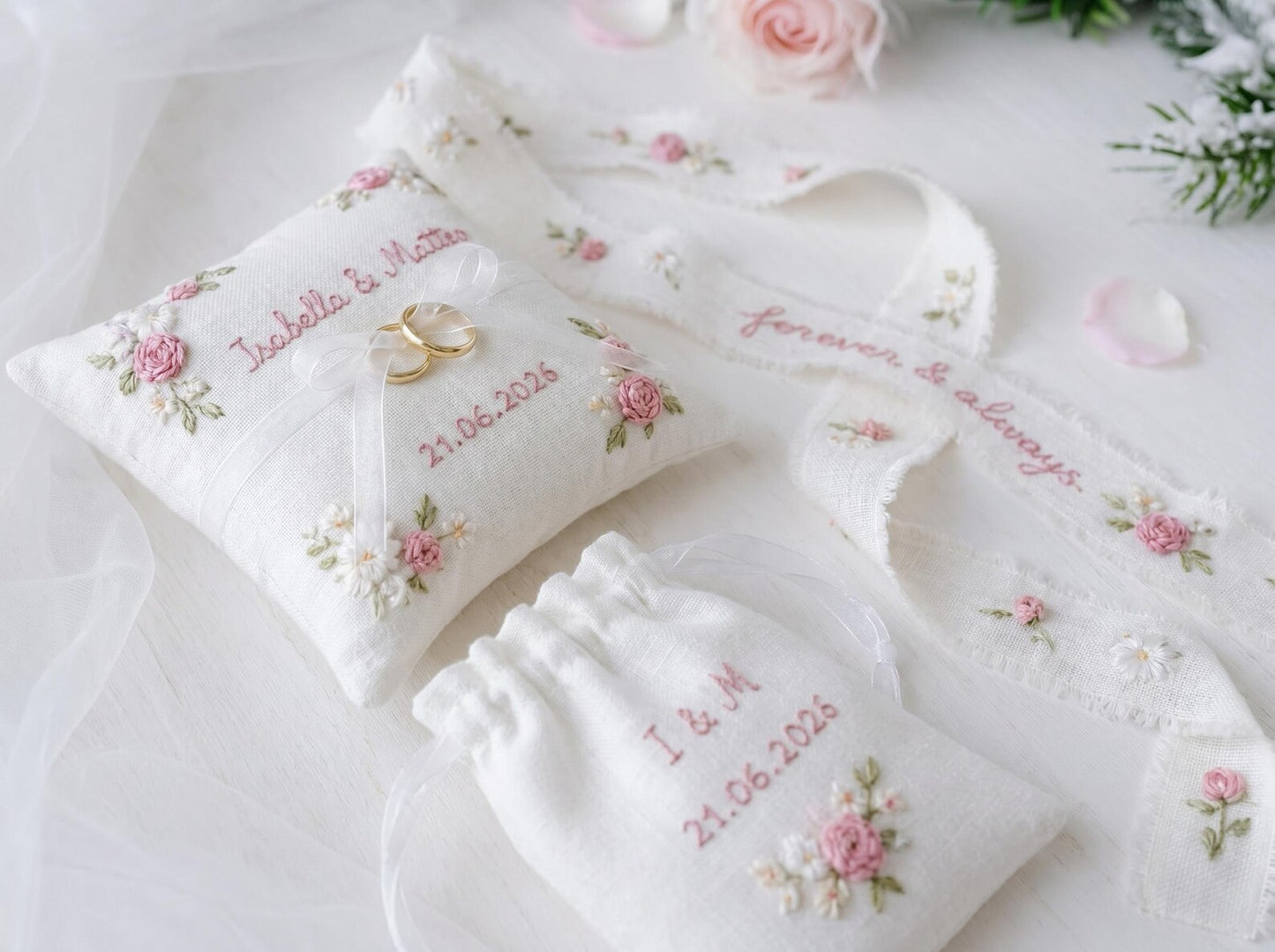 Personalized Wedding Ring Pillow Set, Embroidered Linen Handmade Ring Bearer Pillow, Custom Handfasting Ribbon, Handmade Bridal Pouch Gift