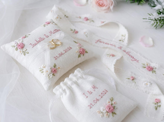Personalized Wedding Ring Pillow Set, Embroidered Linen Handmade Ring Bearer Pillow, Custom Handfasting Ribbon, Handmade Bridal Pouch Gift