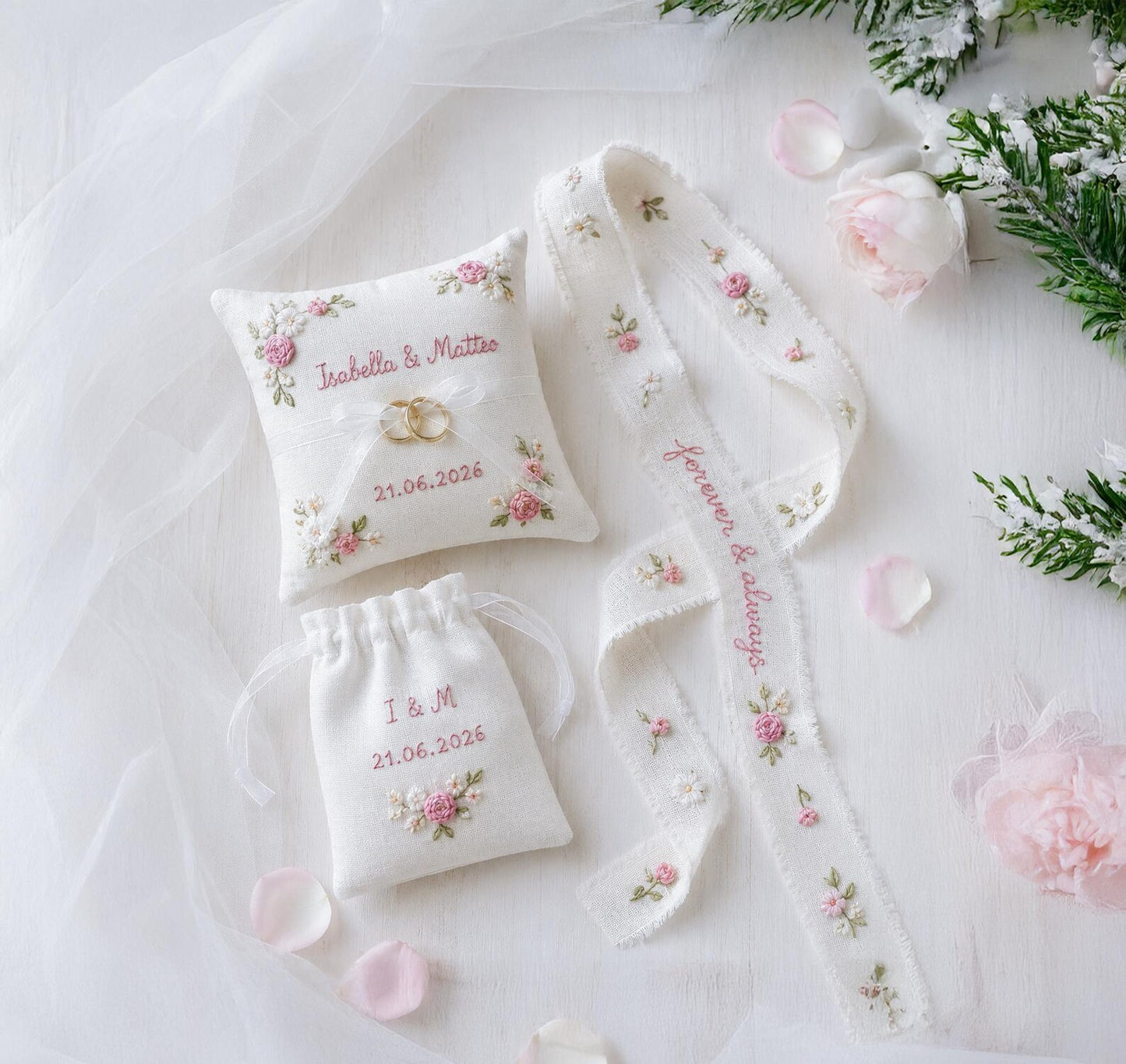 Personalized Wedding Ring Pillow Set, Embroidered Linen Handmade Ring Bearer Pillow, Custom Handfasting Ribbon, Handmade Bridal Pouch Gift