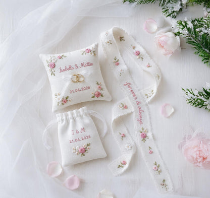 Personalized Wedding Ring Pillow Set, Embroidered Linen Handmade Ring Bearer Pillow, Custom Handfasting Ribbon, Handmade Bridal Pouch Gift
