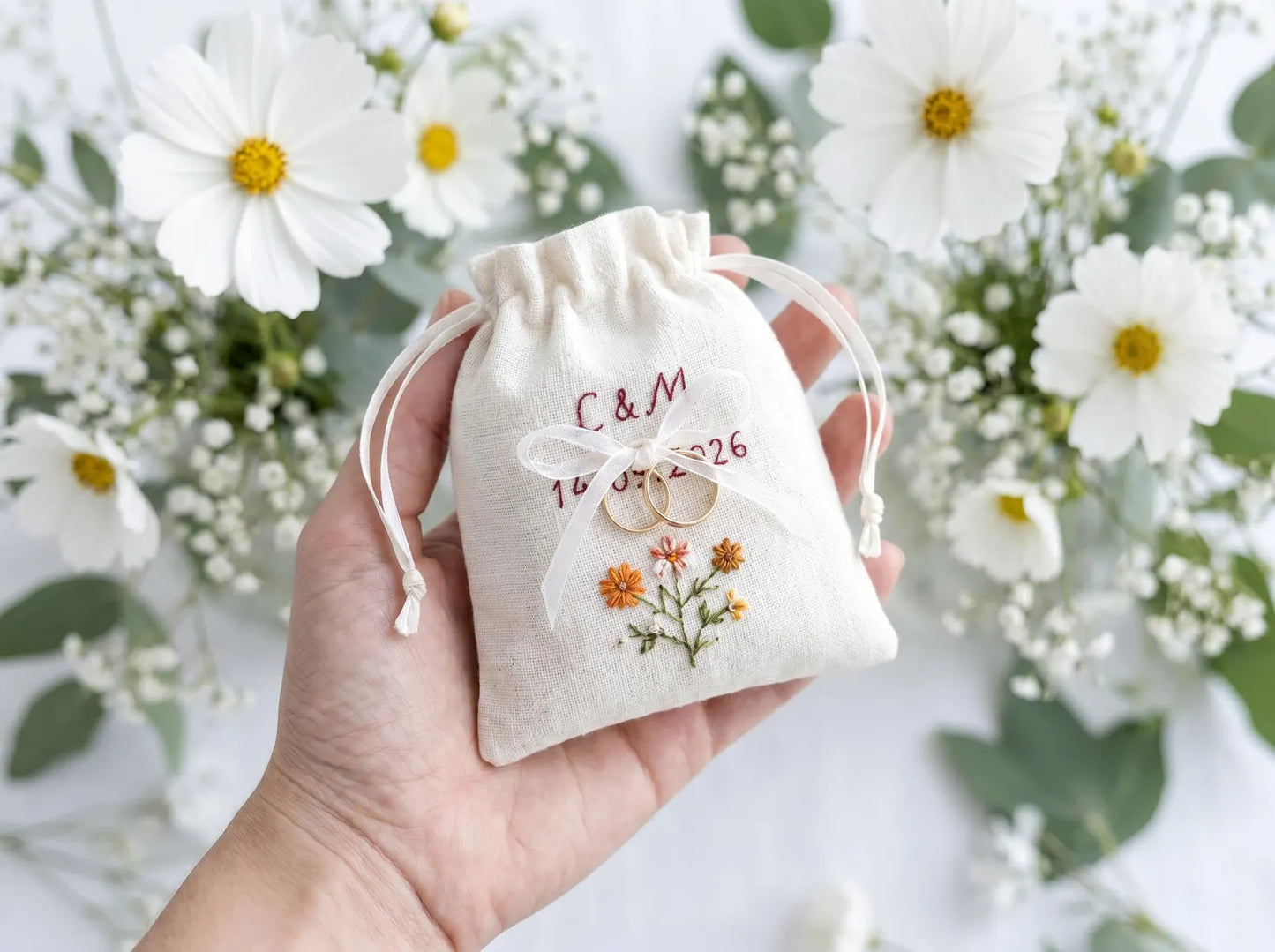 Personalized Wedding Ring Pillow Set, Embroidered Linen Handmade Ring Bearer Pillow, Custom Handfasting Ribbon, Handmade Bridal Pouch Gift