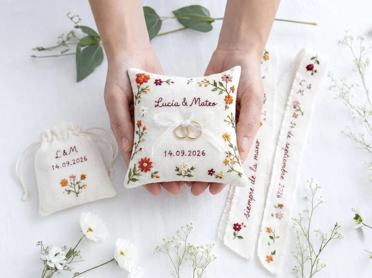 Personalized Wedding Ring Pillow Set, Embroidered Linen Handmade Ring Bearer Pillow, Custom Handfasting Ribbon, Handmade Bridal Pouch Gift