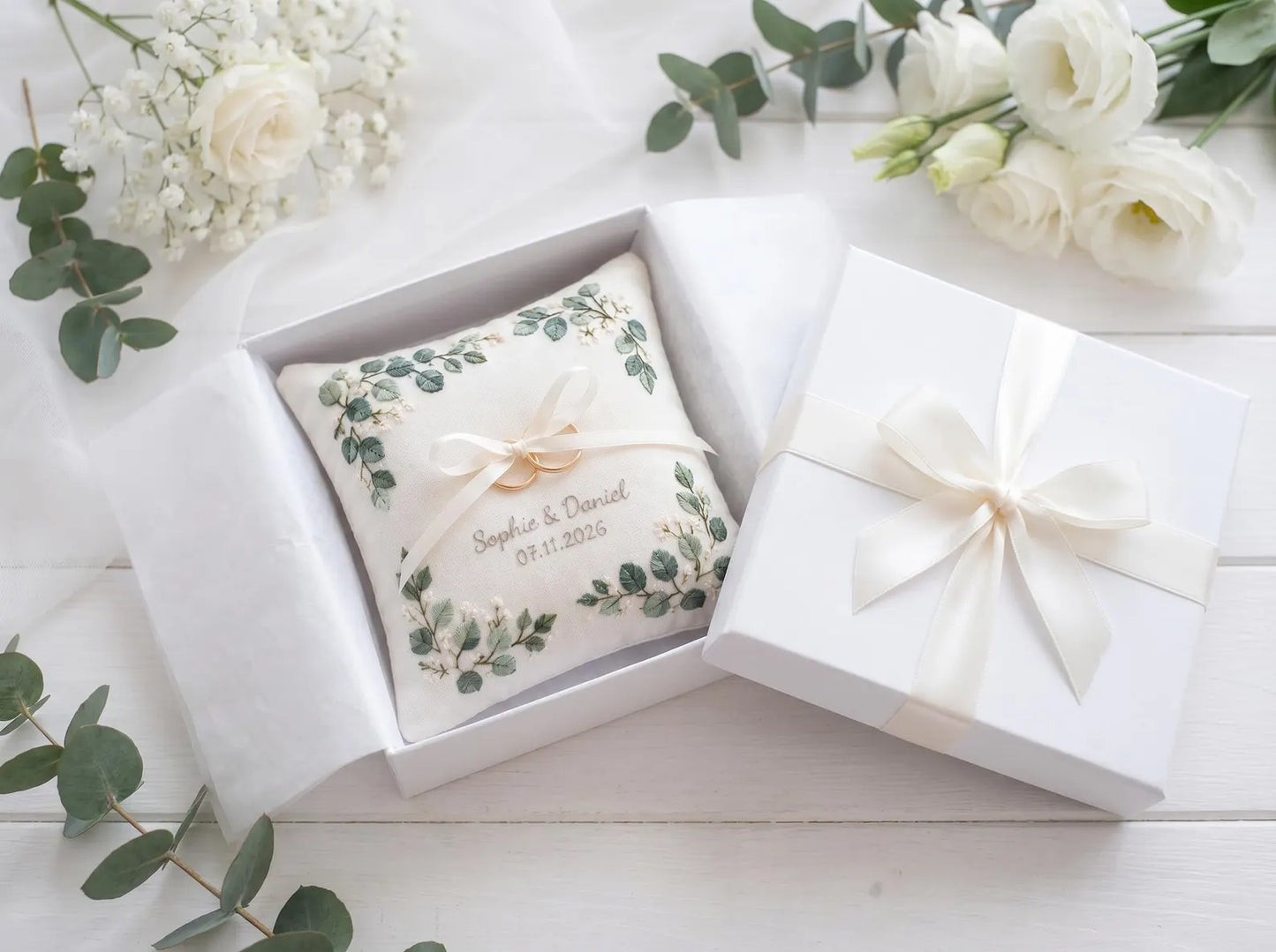 Customized Eucalyptus Ring Bearer Pillow, Handmade Embroidered Linen Wedding Ring Pillow, Botanical Ring Cushion, Custom Wedding Gift