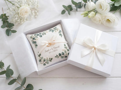 Customized Eucalyptus Ring Bearer Pillow, Handmade Embroidered Linen Wedding Ring Pillow, Botanical Ring Cushion, Custom Wedding Gift