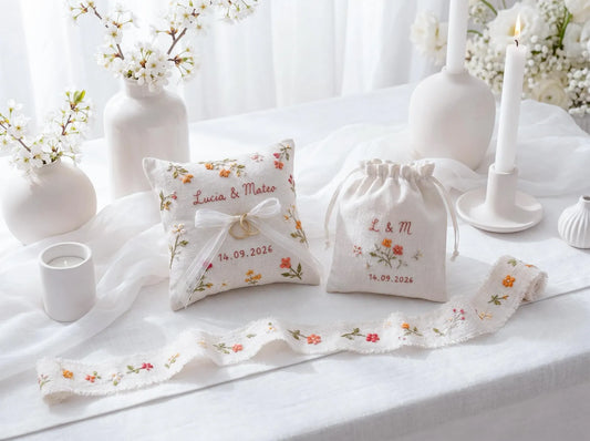 Personalized Wedding Handmade Embroidery Gift Set, Custom Ring Bearer Pillow, Linen Pouch, Ribbon Flower Box, Personalized Handmade Bridal