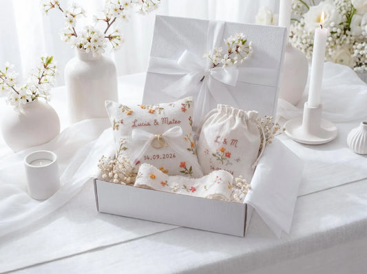 Personalized Wedding Handmade Embroidery Gift Set, Custom Ring Bearer Pillow, Linen Pouch, Ribbon Flower Box, Personalized Handmade Bridal