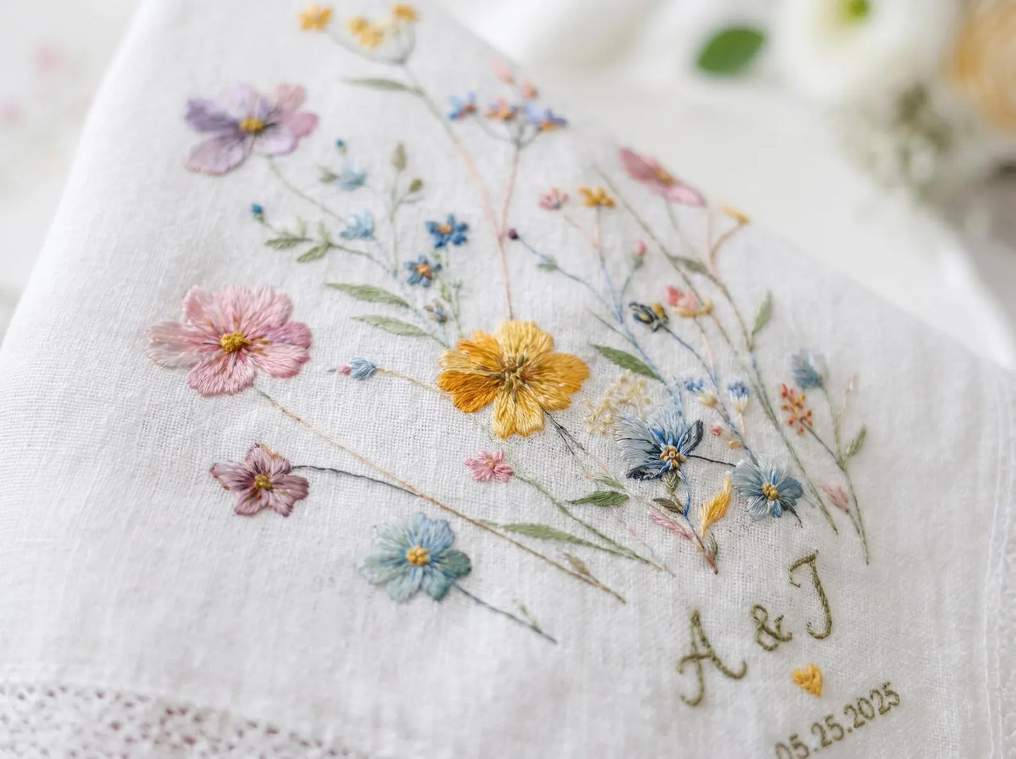 Embroidered Floral Posy Wedding Handkerchief – Custom Floral Hankie for Bride, Bridal Gift, Personalized with Name & Date, Gift for Bride