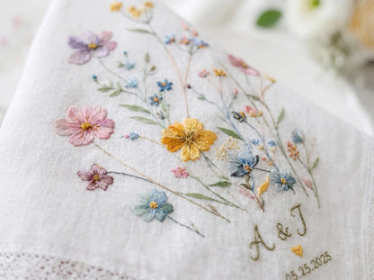 Embroidered Floral Posy Wedding Handkerchief – Custom Floral Hankie for Bride, Bridal Gift, Personalized with Name & Date, Gift for Bride