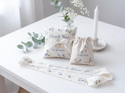 Personalized Wedding Handmade Embroidery Gift Set, Custom Ring Bearer Pillow, Linen Pouch, Ribbon Flower Box, Personalized Handmade Bridal
